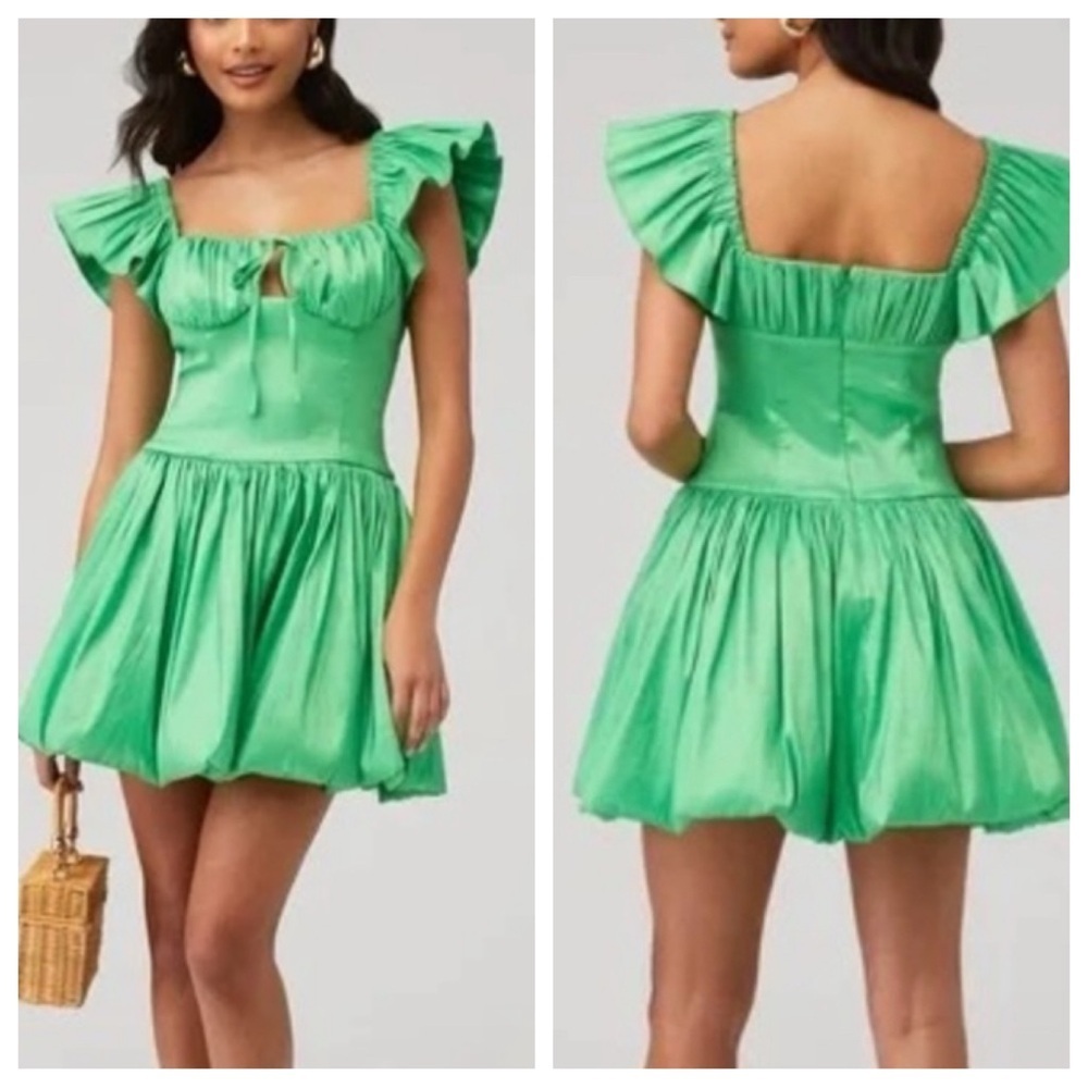 Maison Amory Green Mini Dress Ruffle Sleeve Tie Front Fit & Flare 25279